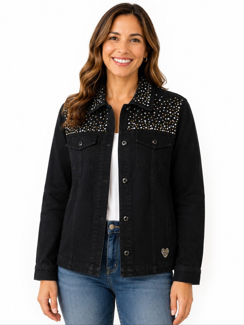DreamJeannes Studded Denim Jacket Black Rhinestone Western Glam L
